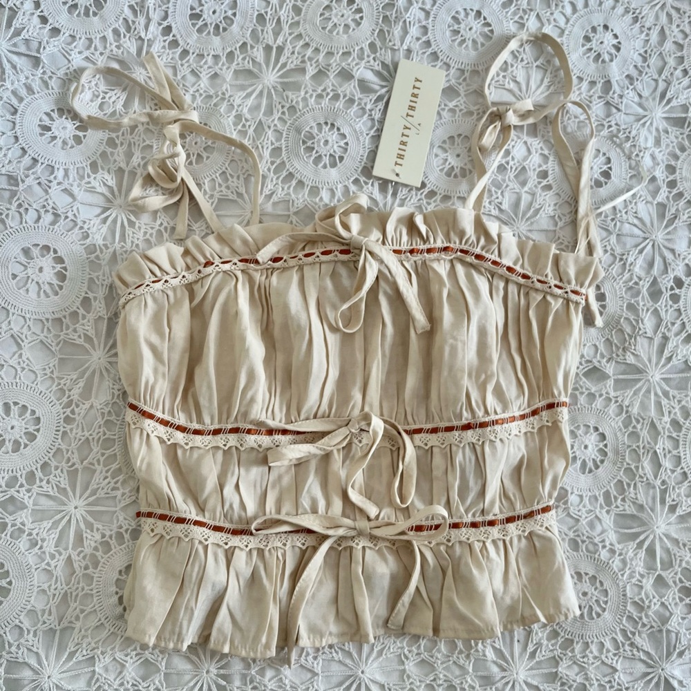 Thirty thirty cream peasant tank with bow detail NWT.